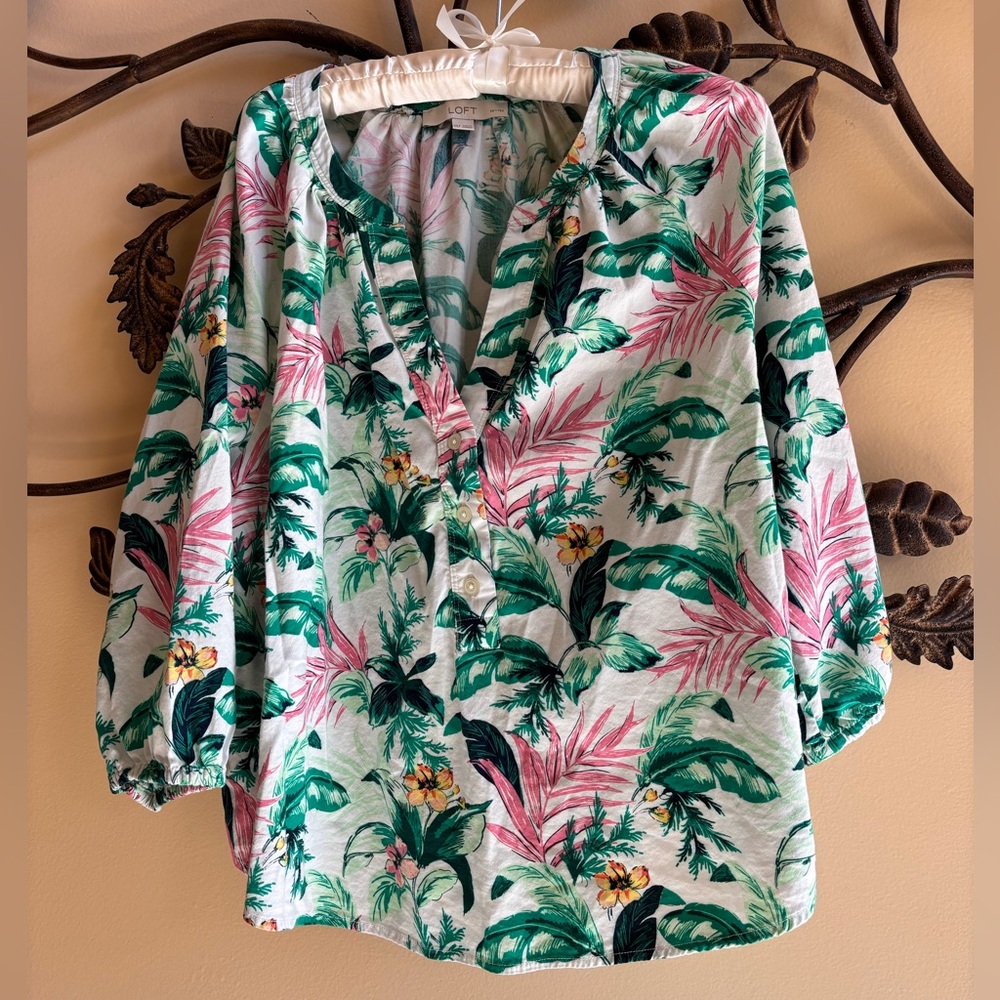 EUC LOFT Tropical V Neck Henley Blouse, Size XXLP, Cotton/Rayon, 3/4 Sleeves